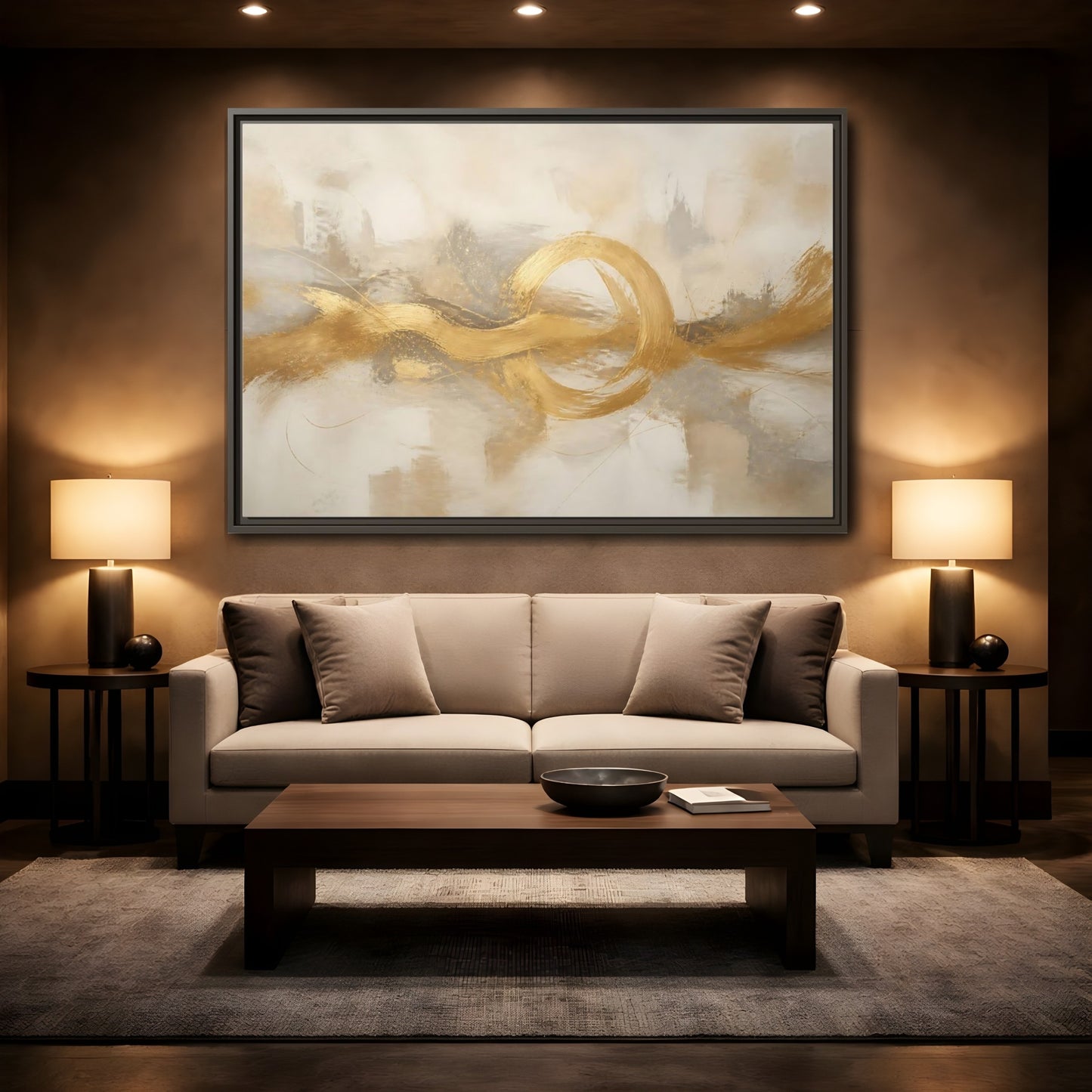 Mockup 2. Golden Balance Circle shown as framed canvas print