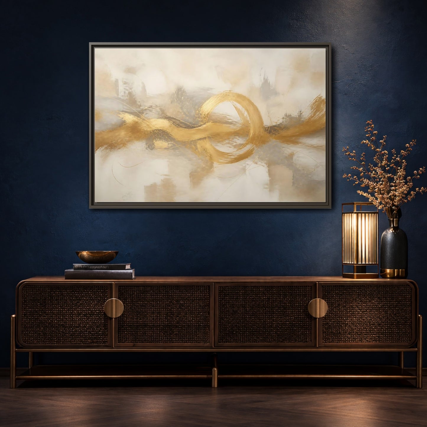 Mockup 4. Golden Balance Circle shown as framed canvas print