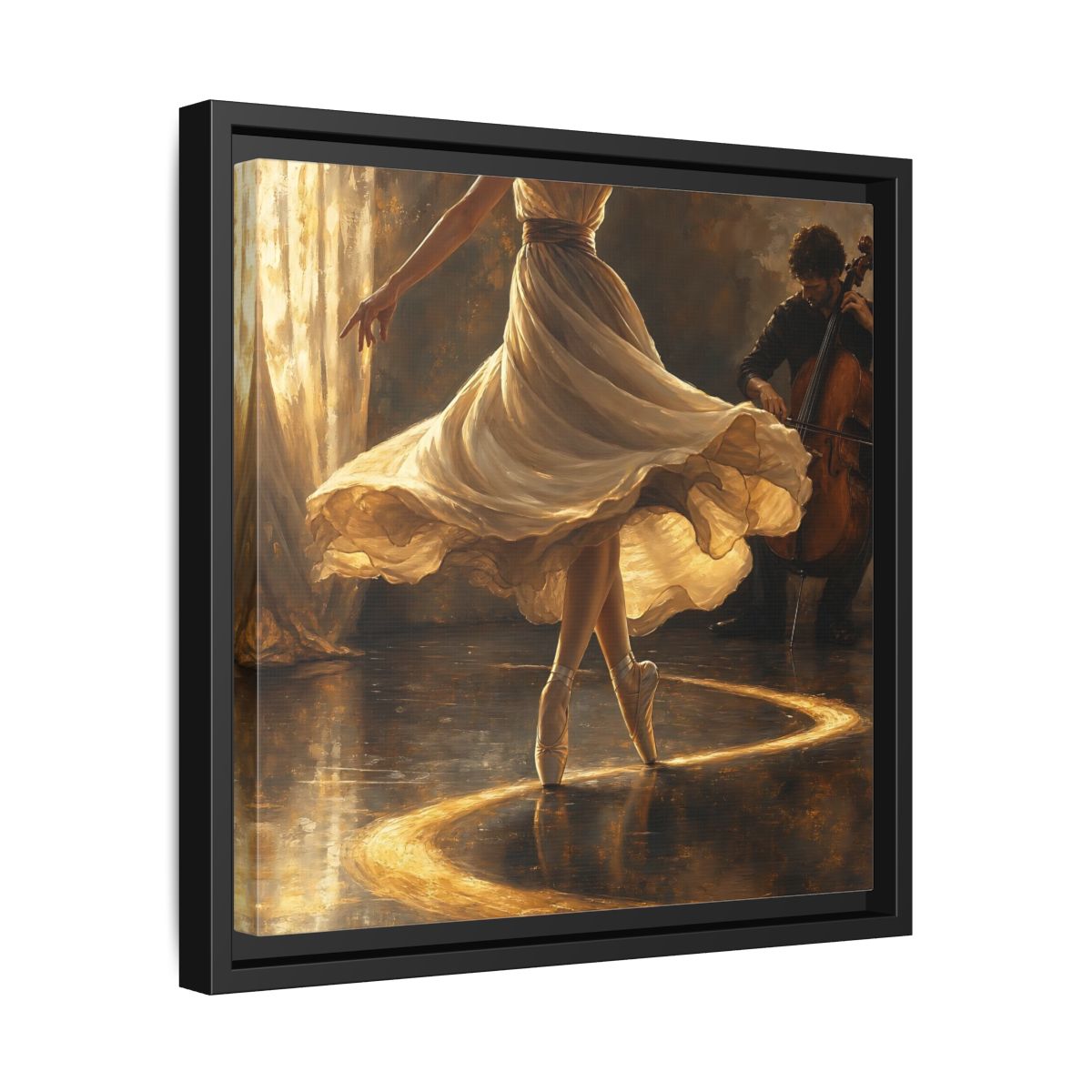 Side Mockup 32. Golden Ballet Duet shown as framed canvas print