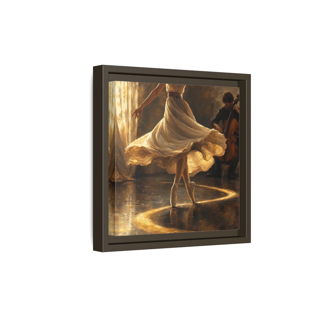 Side Mockup 20. Golden Ballet Duet shown as framed canvas print