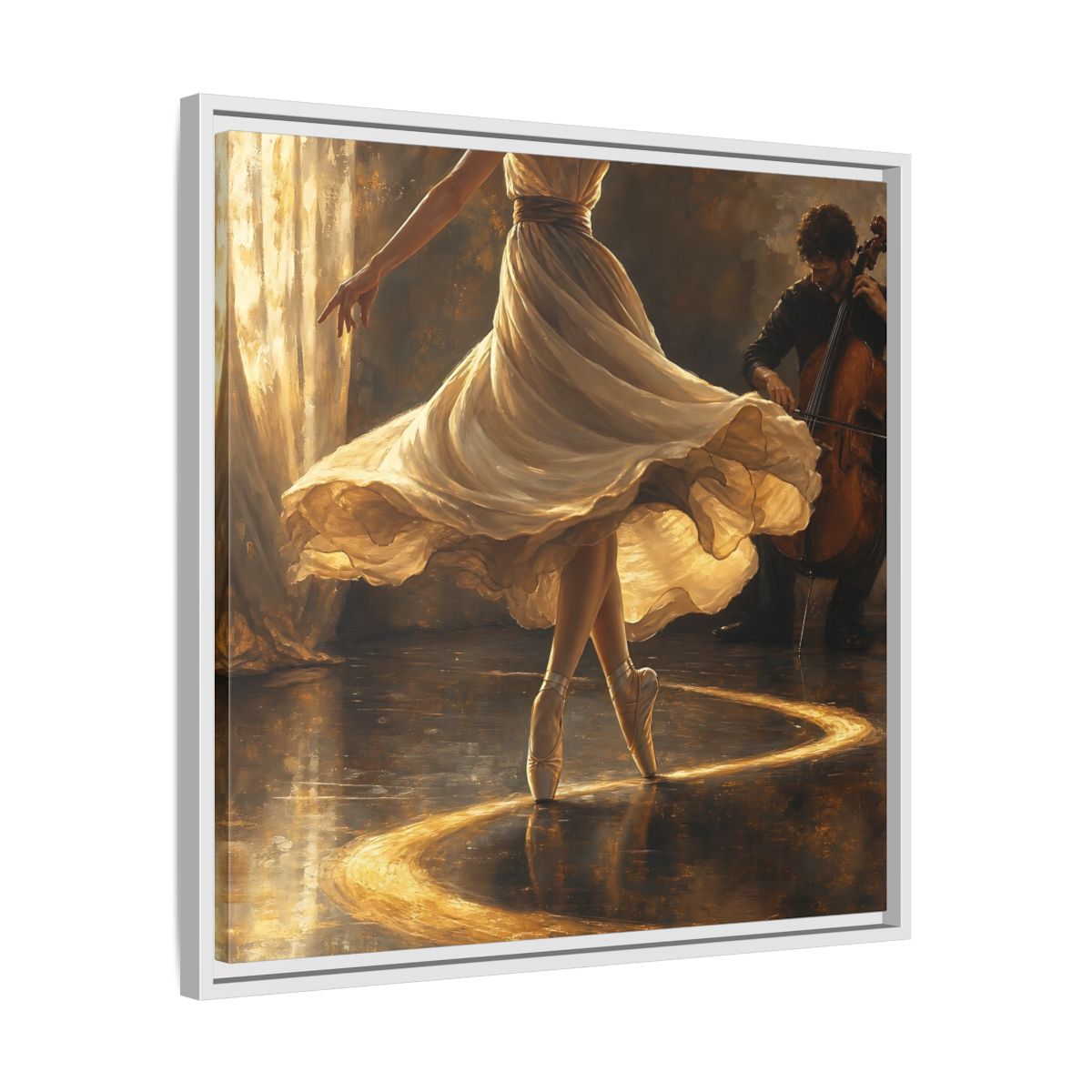 Side Mockup 26. Golden Ballet Duet shown as framed canvas print