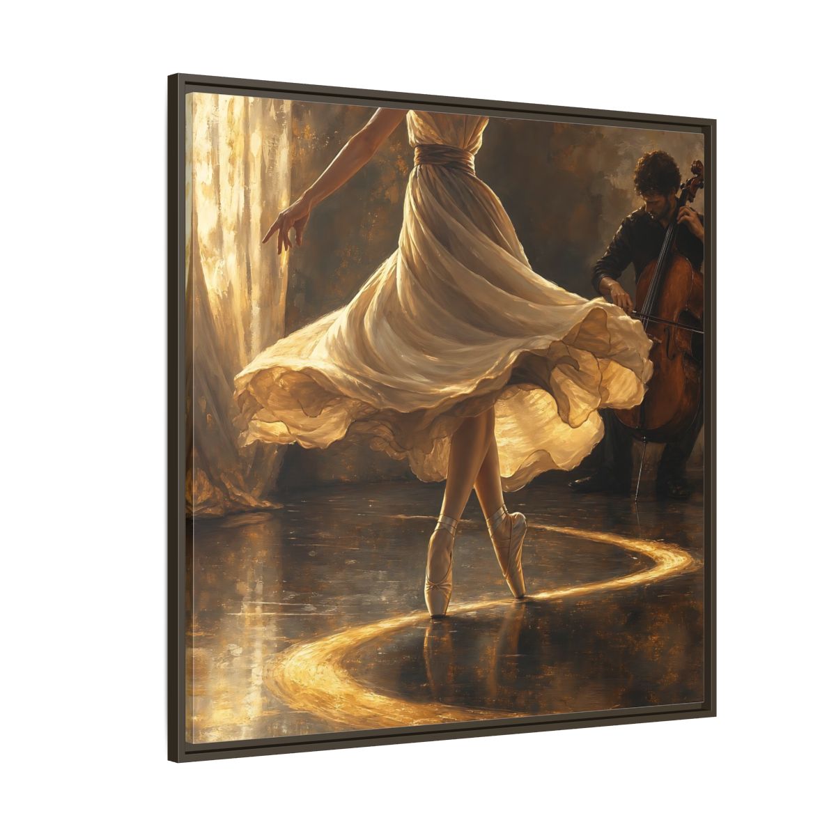 Side Mockup 5. Golden Ballet Duet shown as framed canvas print
