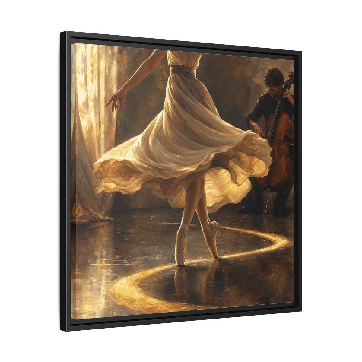 Side Mockup 31. Golden Ballet Duet shown as framed canvas print