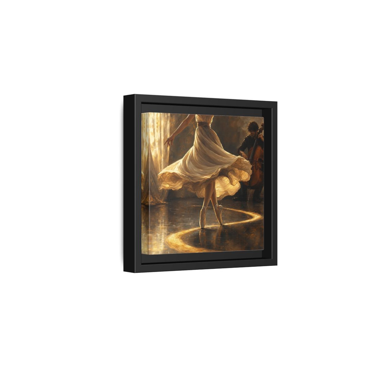 Side Mockup 3. Golden Ballet Duet shown as framed canvas print