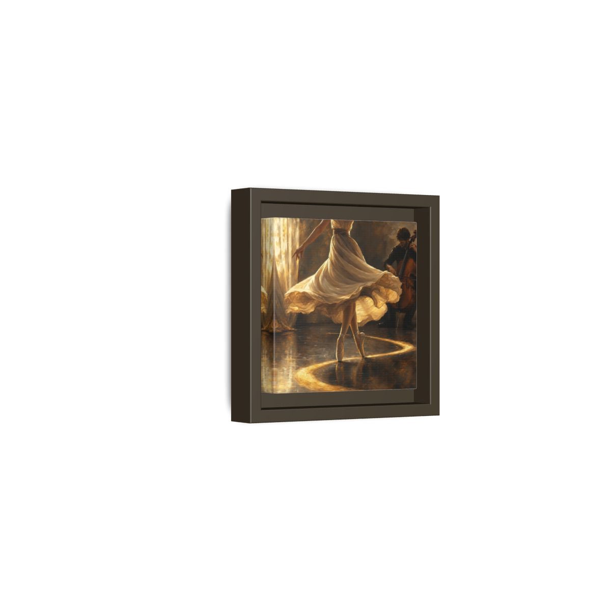 Side Mockup 23. Golden Ballet Duet shown as framed canvas print