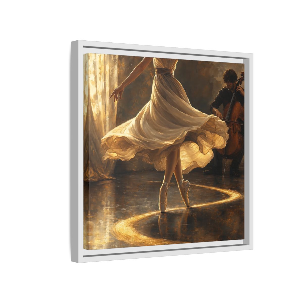 Side Mockup 13. Golden Ballet Duet shown as framed canvas print
