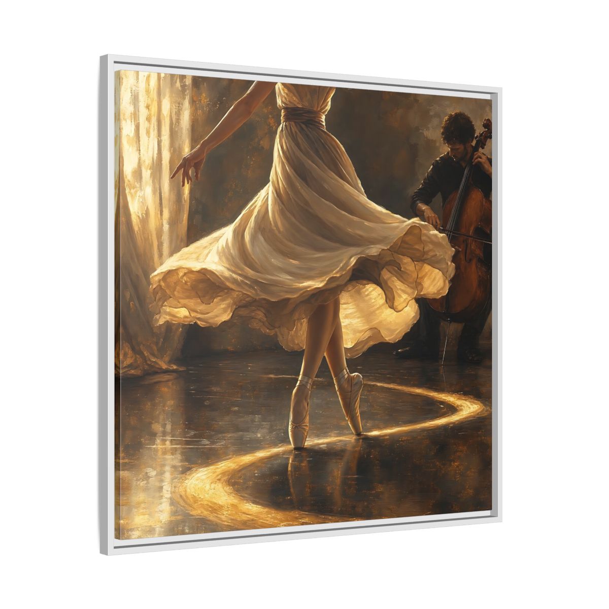 Side Mockup 25. Golden Ballet Duet shown as framed canvas print