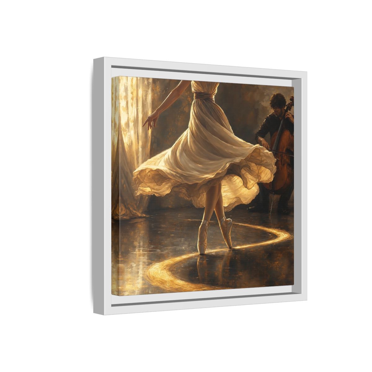 Side Mockup 16. Golden Ballet Duet shown as framed canvas print