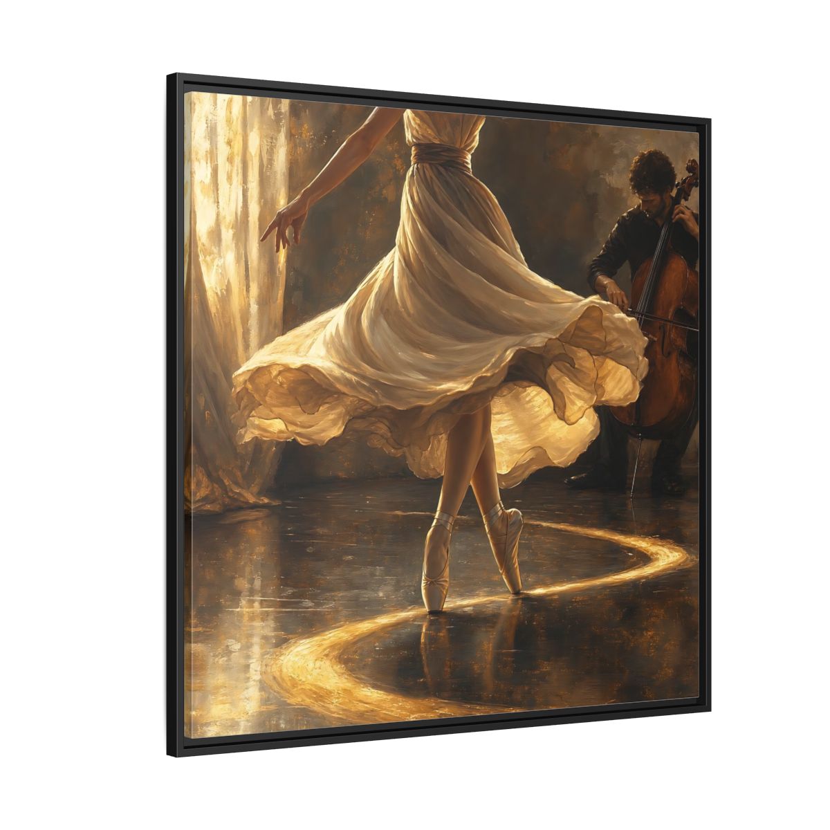 Side Mockup 6. Golden Ballet Duet shown as framed canvas print