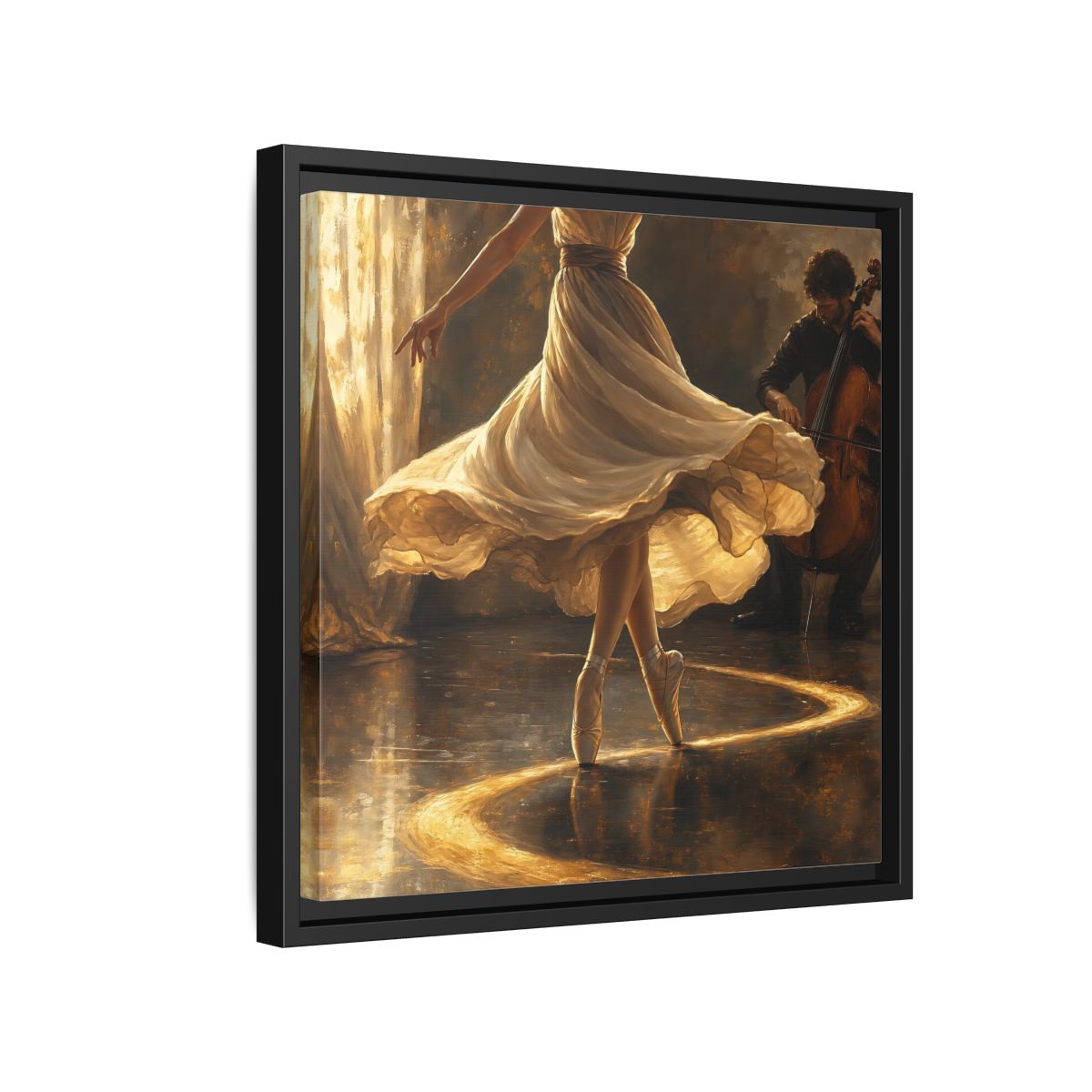 Side Mockup 15. Golden Ballet Duet shown as framed canvas print