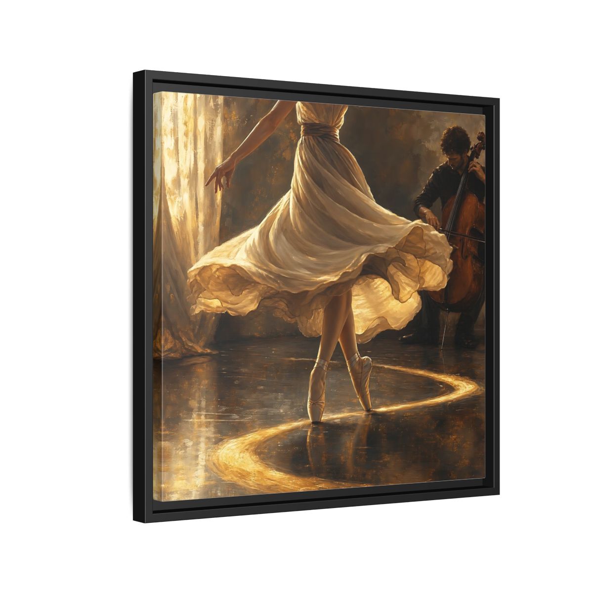 Side Mockup 12. Golden Ballet Duet shown as framed canvas print