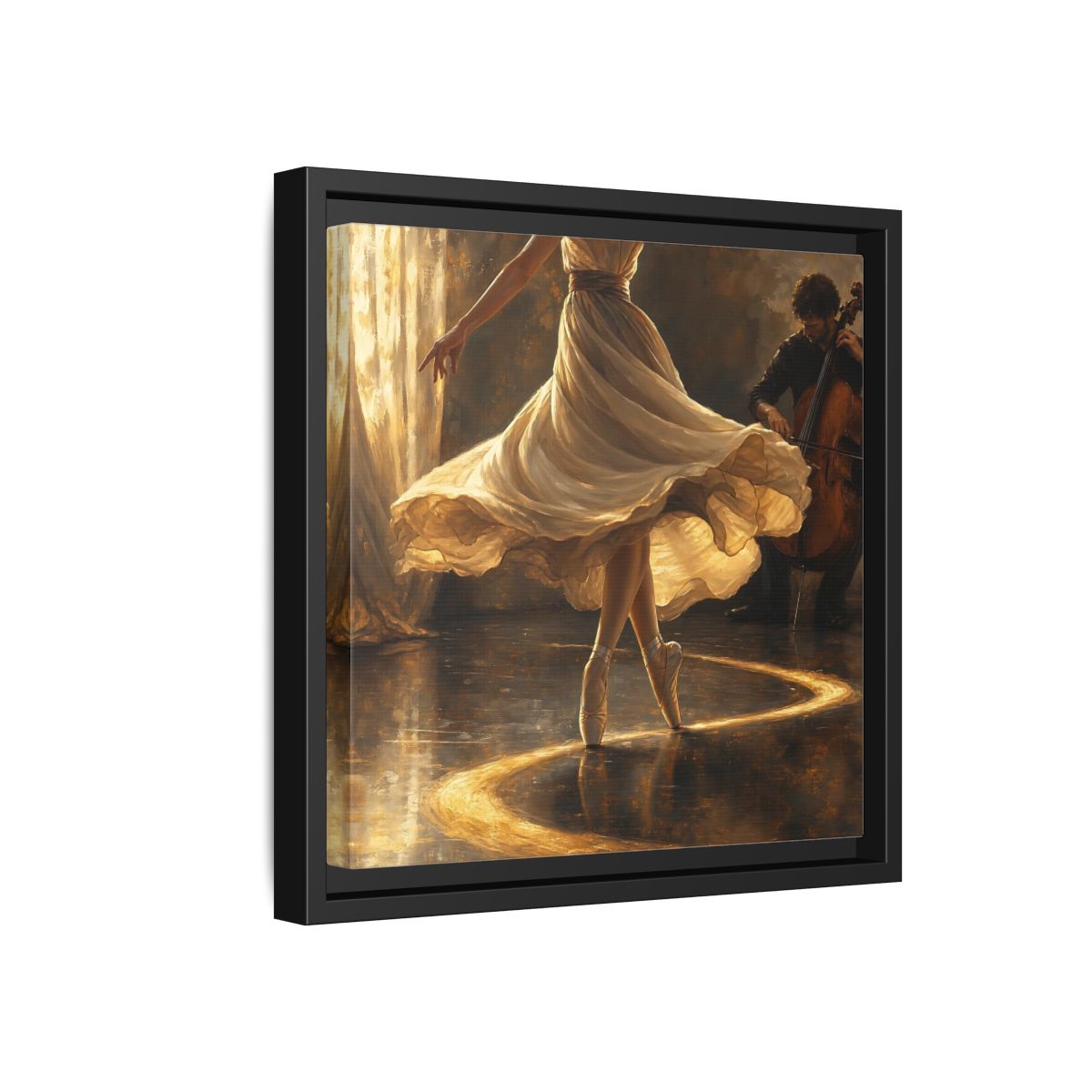 Side Mockup 18. Golden Ballet Duet shown as framed canvas print