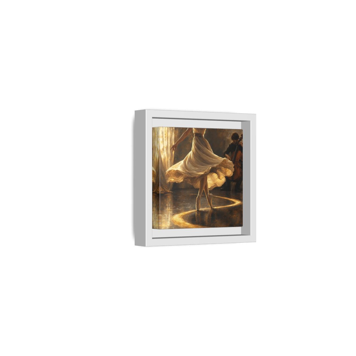 Side Mockup 22. Golden Ballet Duet shown as framed canvas print