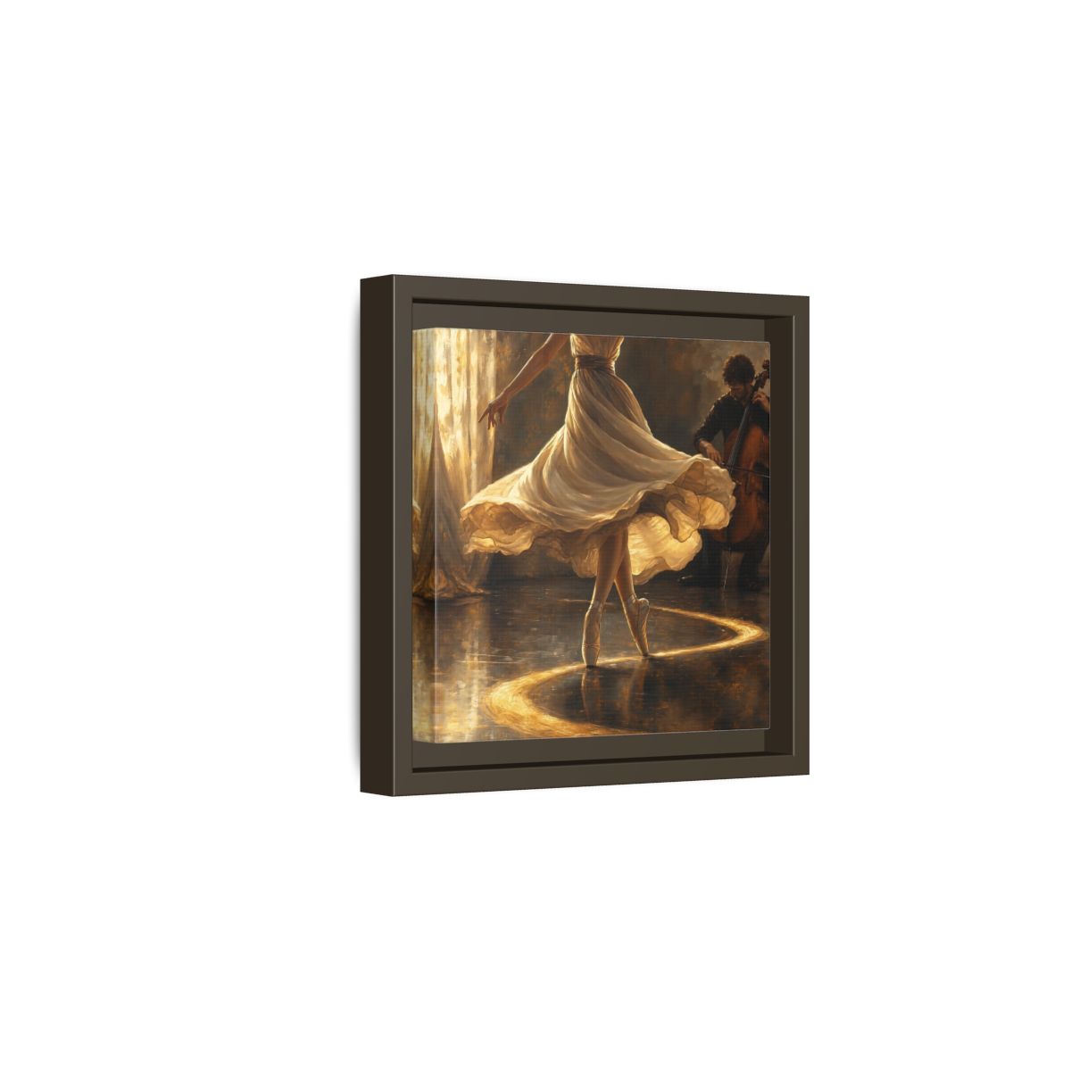 Side Mockup 2. Golden Ballet Duet shown as framed canvas print