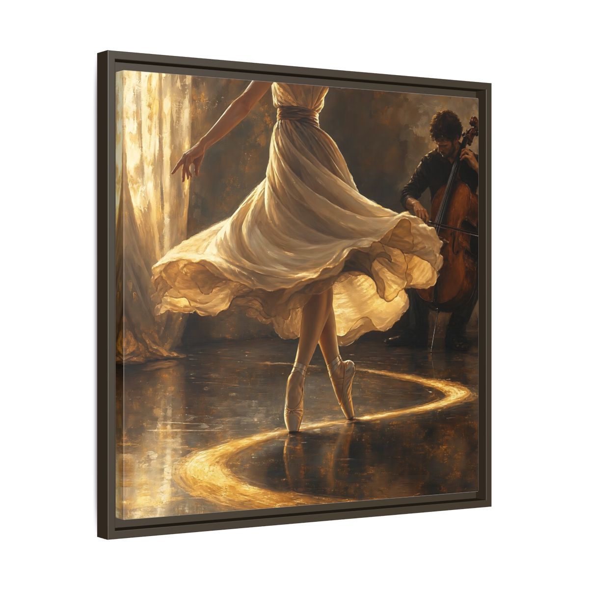 Side Mockup 27. Golden Ballet Duet shown as framed canvas print