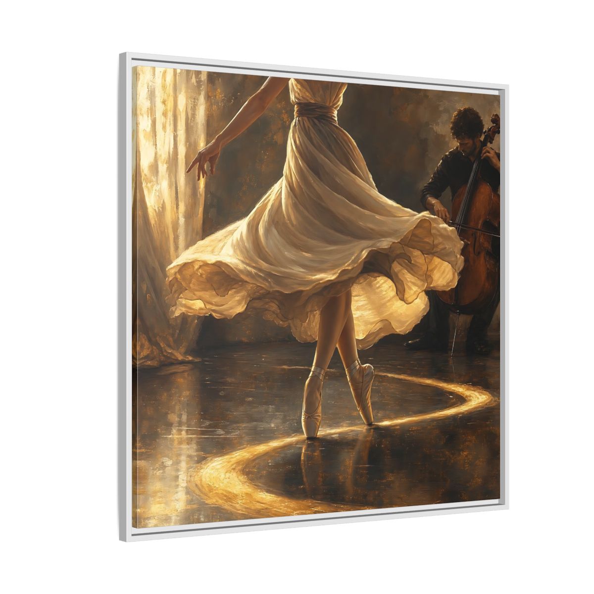 Side Mockup 4. Golden Ballet Duet shown as framed canvas print