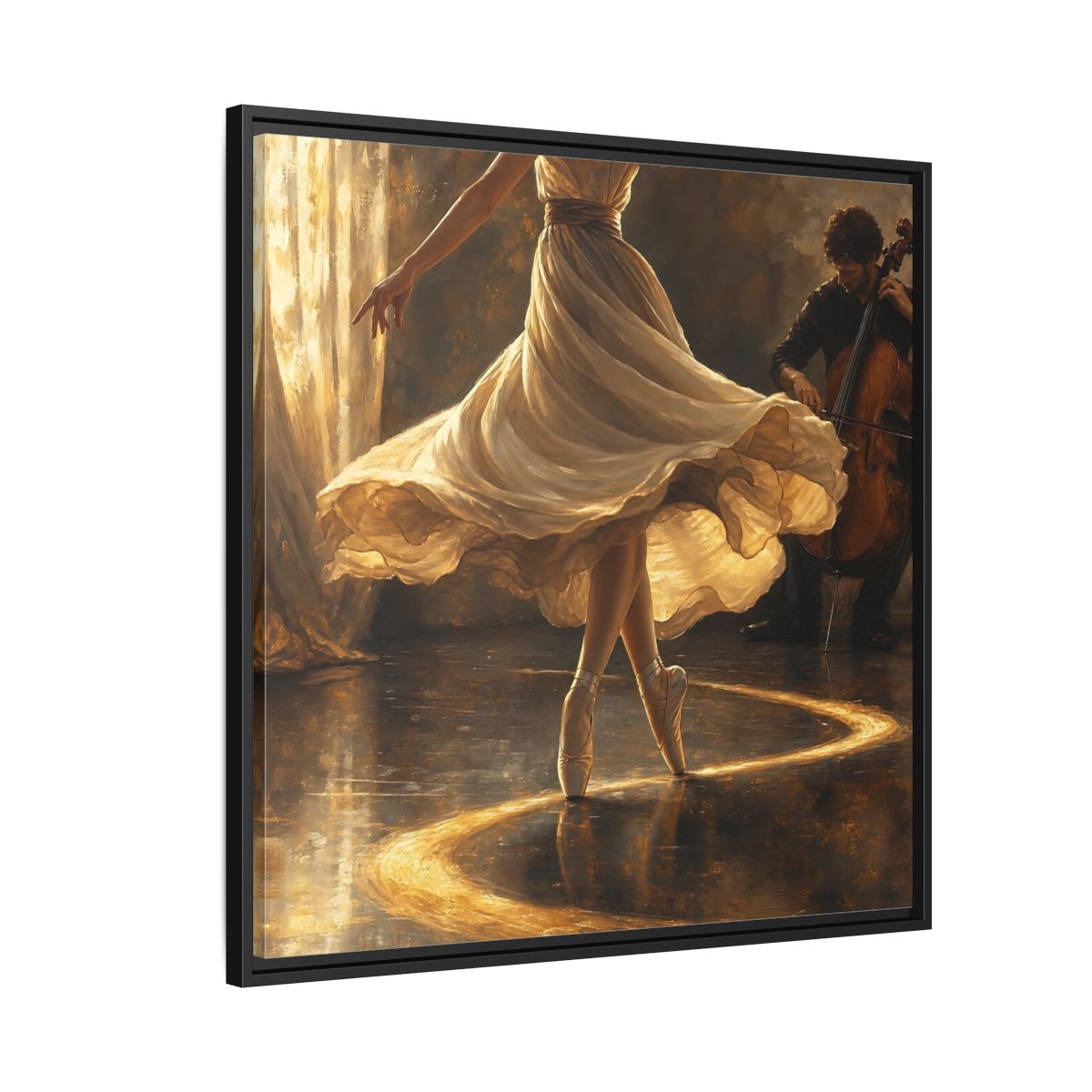 Side Mockup 9. Golden Ballet Duet shown as framed canvas print