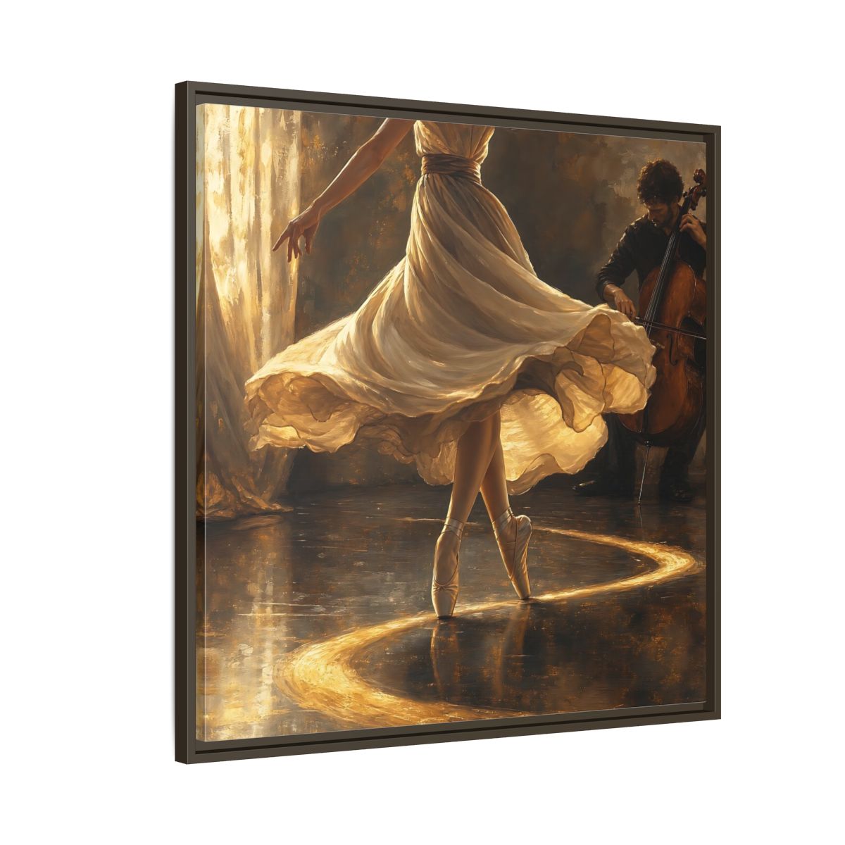 Side Mockup 8. Golden Ballet Duet shown as framed canvas print
