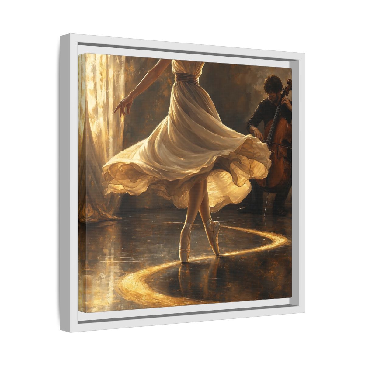 Side Mockup 28. Golden Ballet Duet shown as framed canvas print