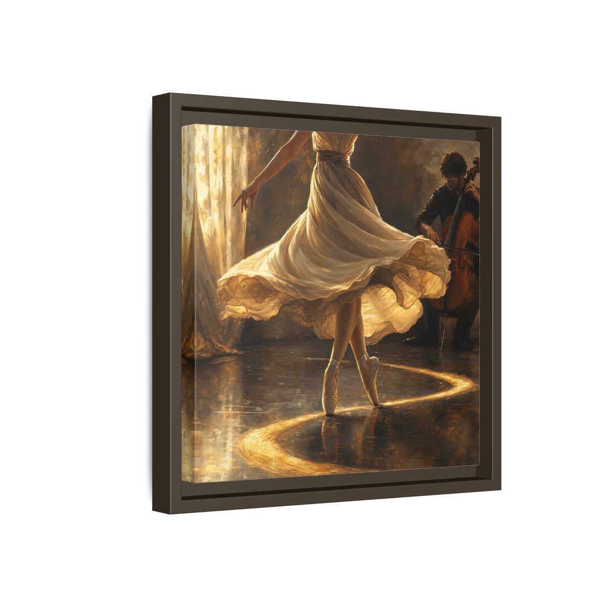 Side Mockup 17. Golden Ballet Duet shown as framed canvas print