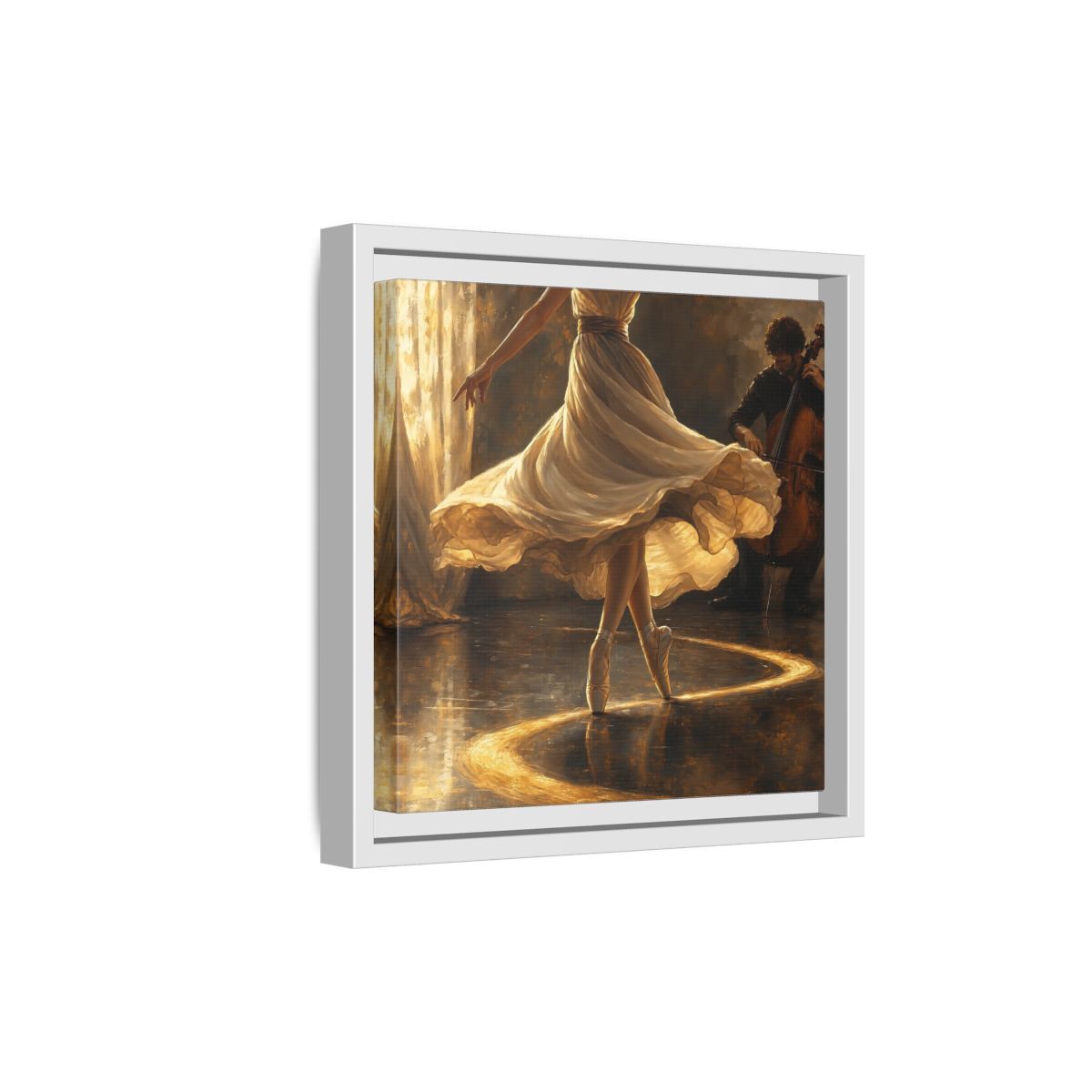 Side Mockup 19. Golden Ballet Duet shown as framed canvas print