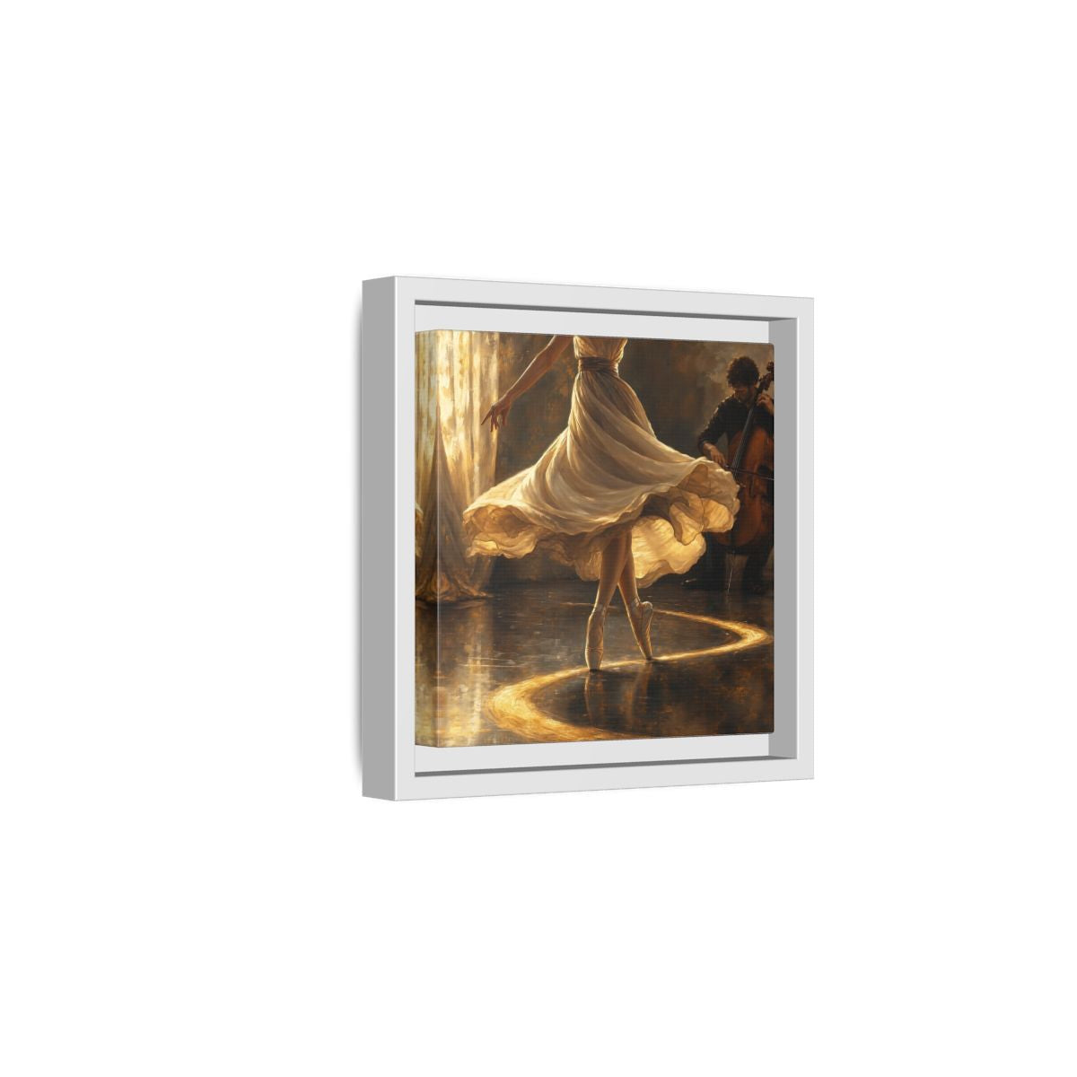 Side Mockup 1. Golden Ballet Duet shown as framed canvas print