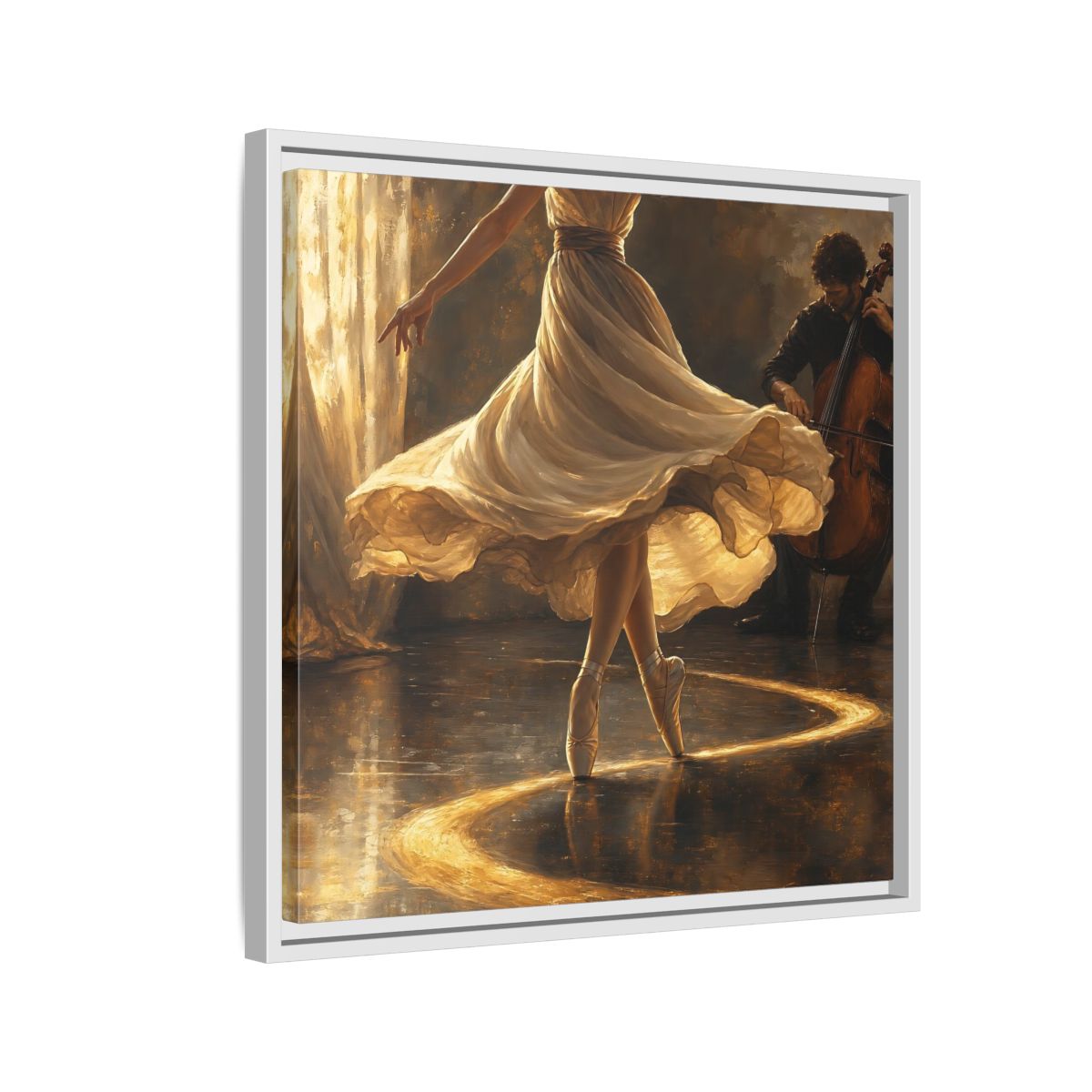 Side Mockup 10. Golden Ballet Duet shown as framed canvas print