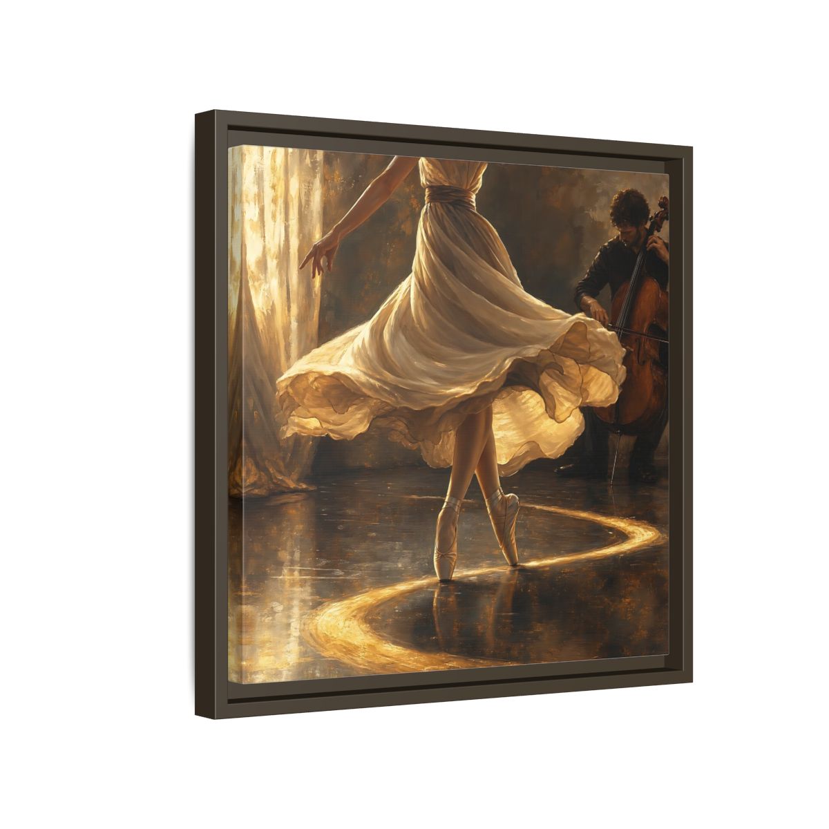 Side Mockup 14. Golden Ballet Duet shown as framed canvas print