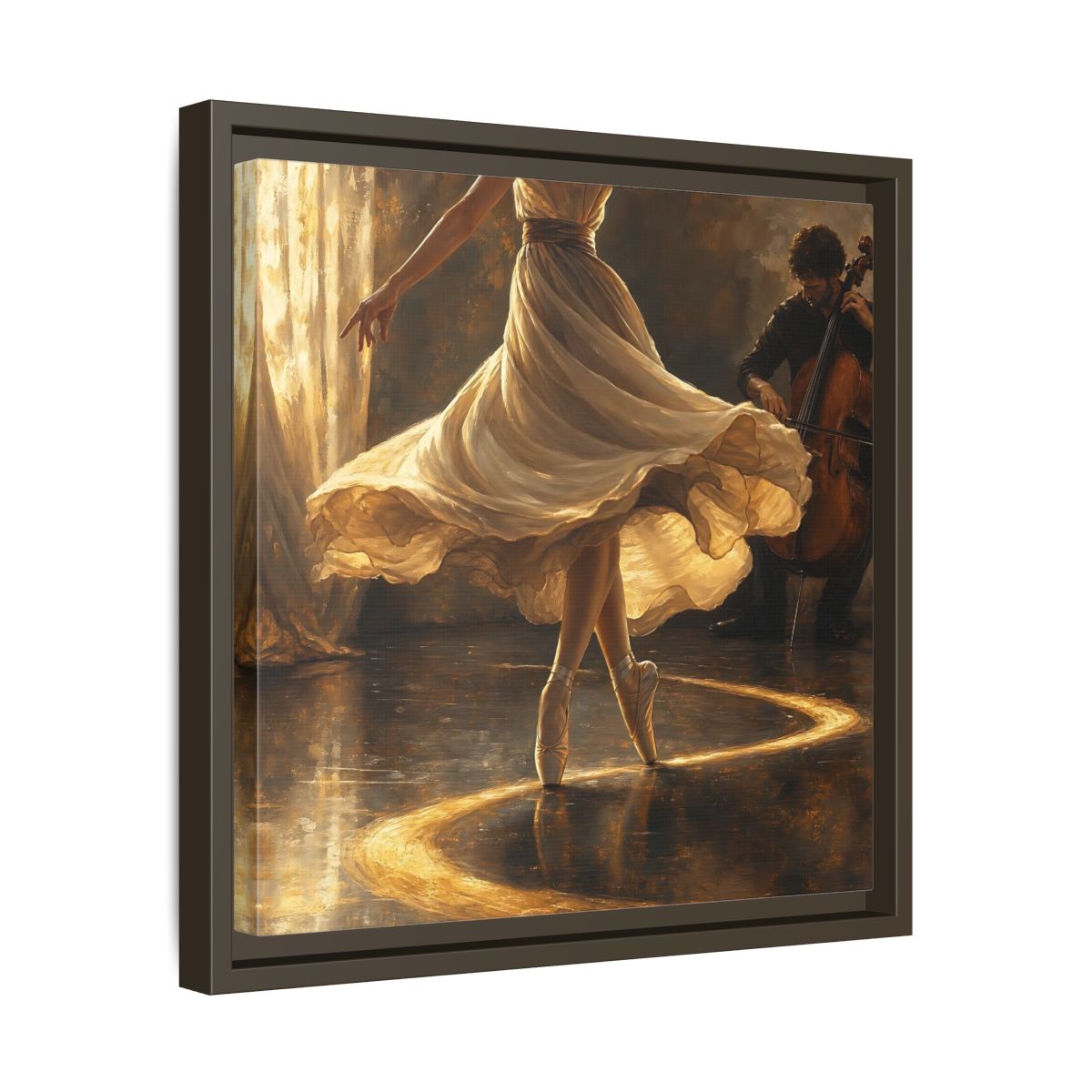 Side Mockup 29. Golden Ballet Duet shown as framed canvas print