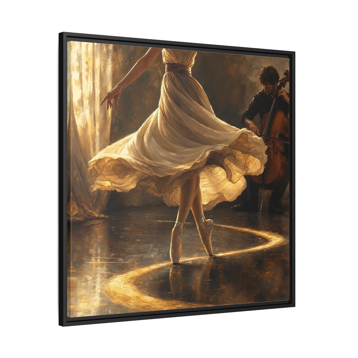Side Mockup 30. Golden Ballet Duet shown as framed canvas print