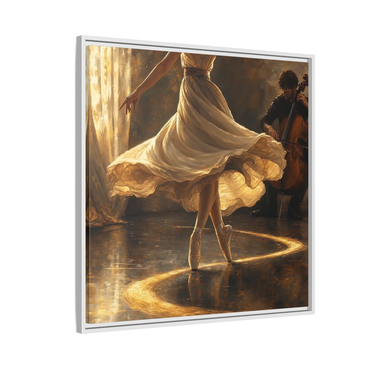 Side Mockup 7. Golden Ballet Duet shown as framed canvas print