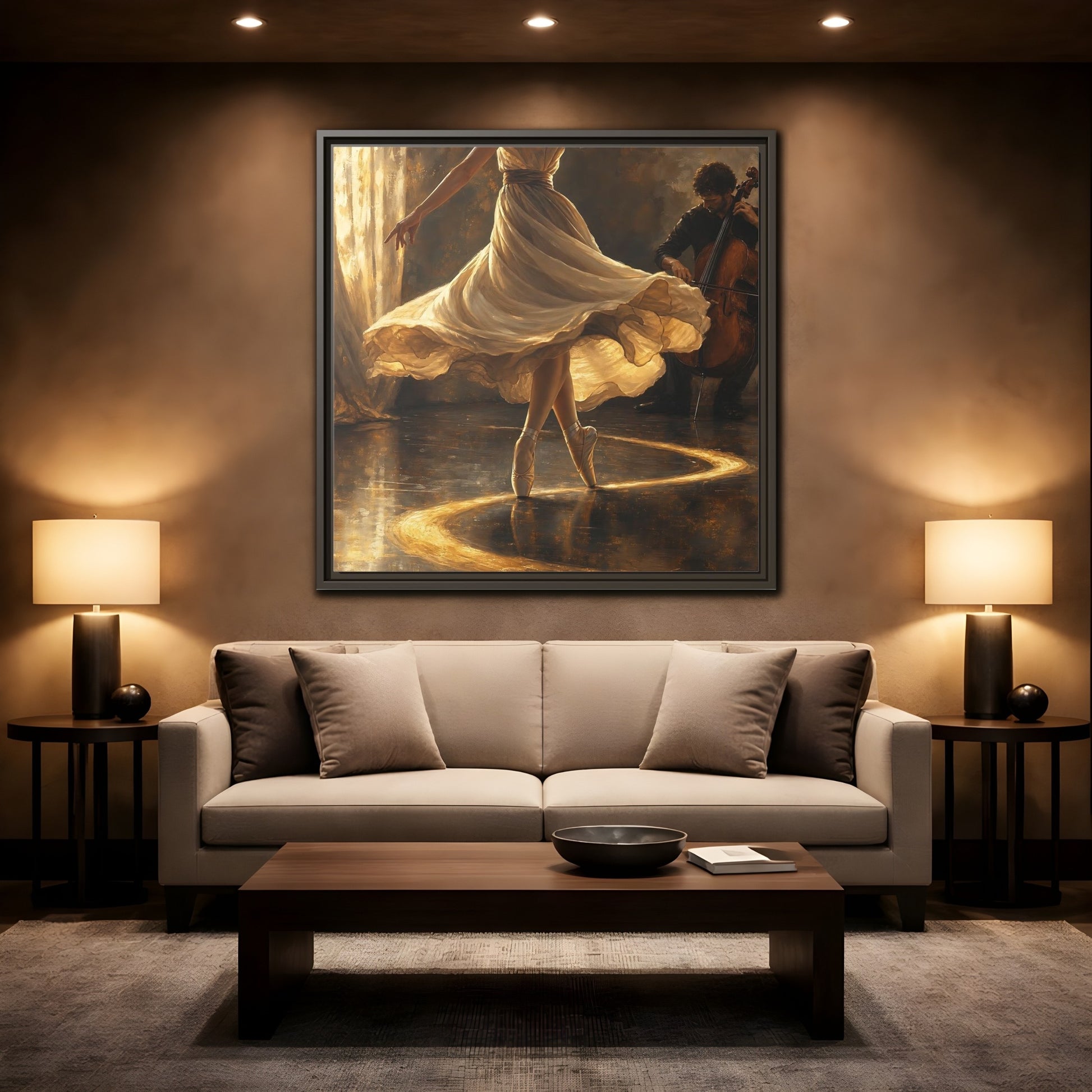 Mockup 2. Golden Ballet Duet shown as framed canvas print
