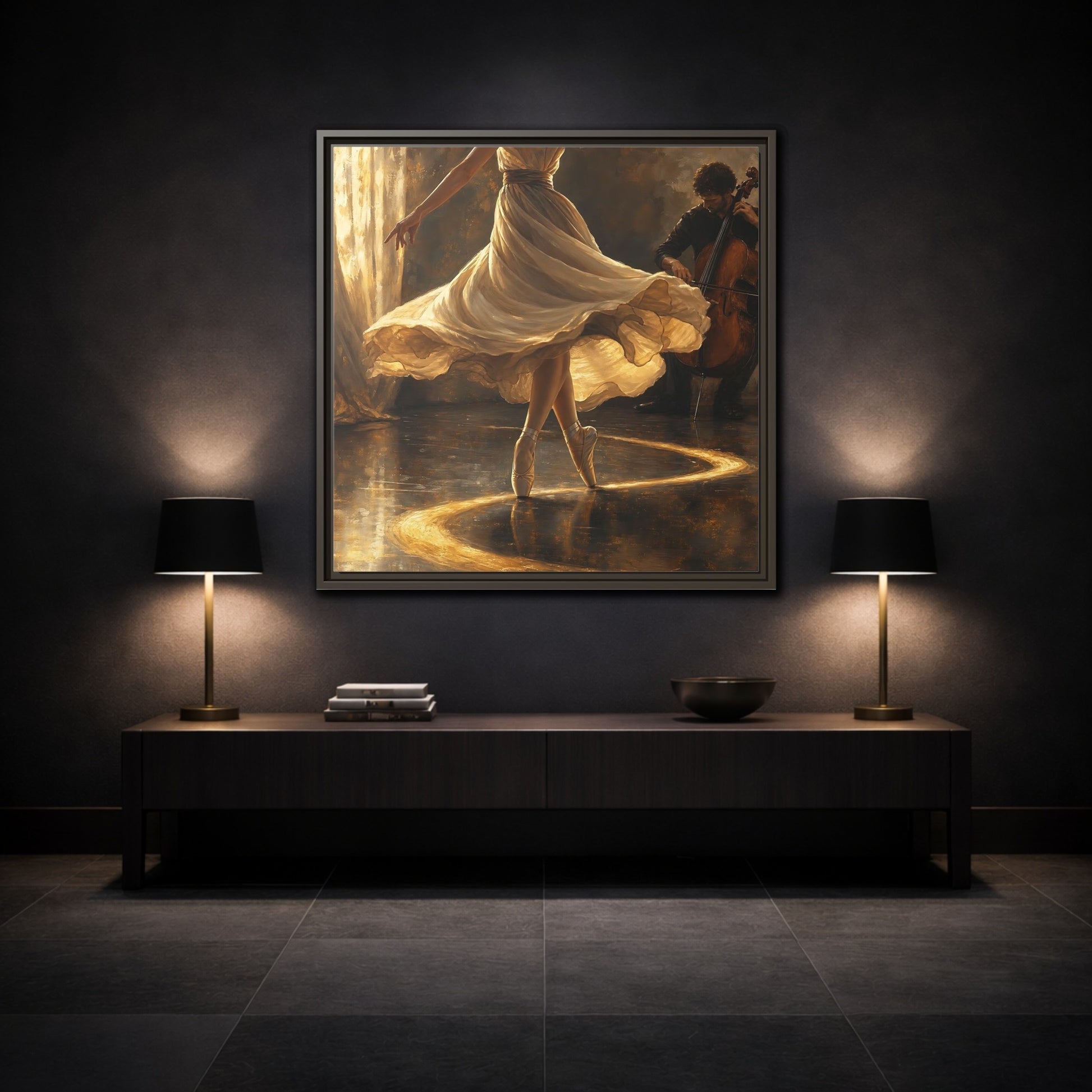 Mockup 3. Golden Ballet Duet shown as framed canvas print
