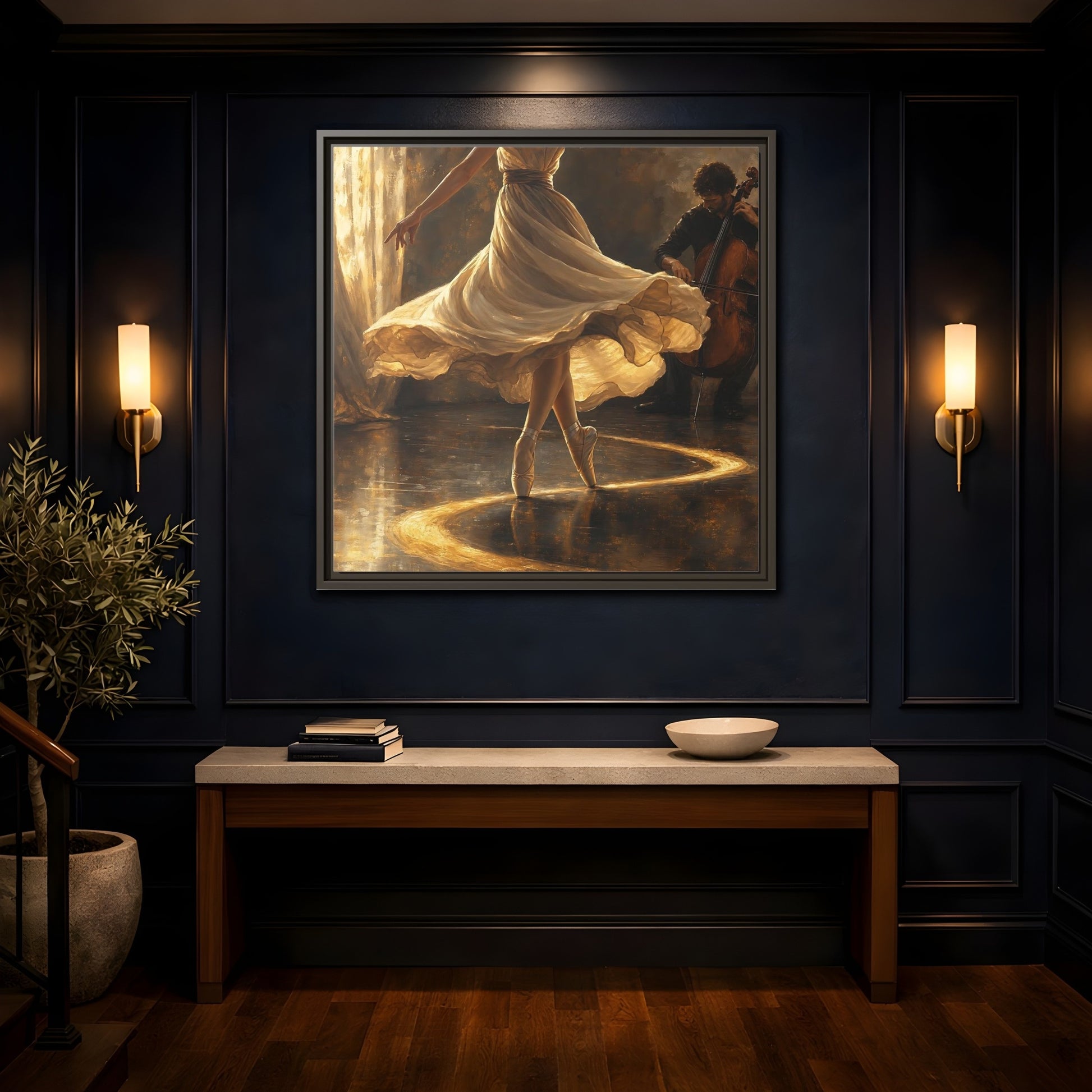Mockup 4. Golden Ballet Duet shown as framed canvas print