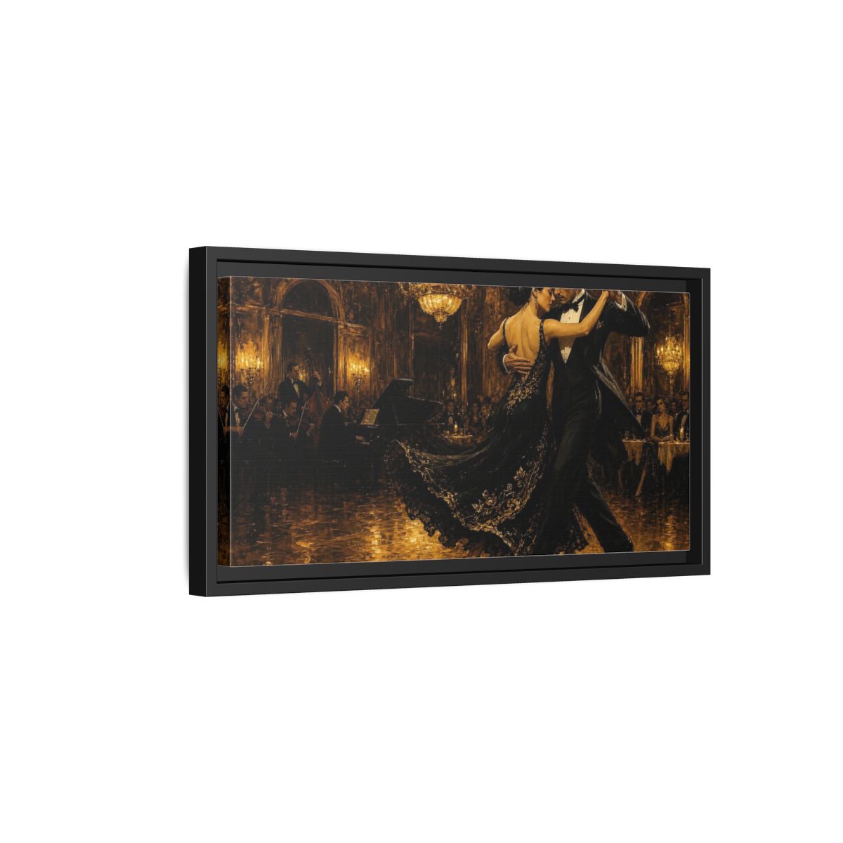 Side Mockup 8. Golden Ballroom Tango shown as framed canvas print