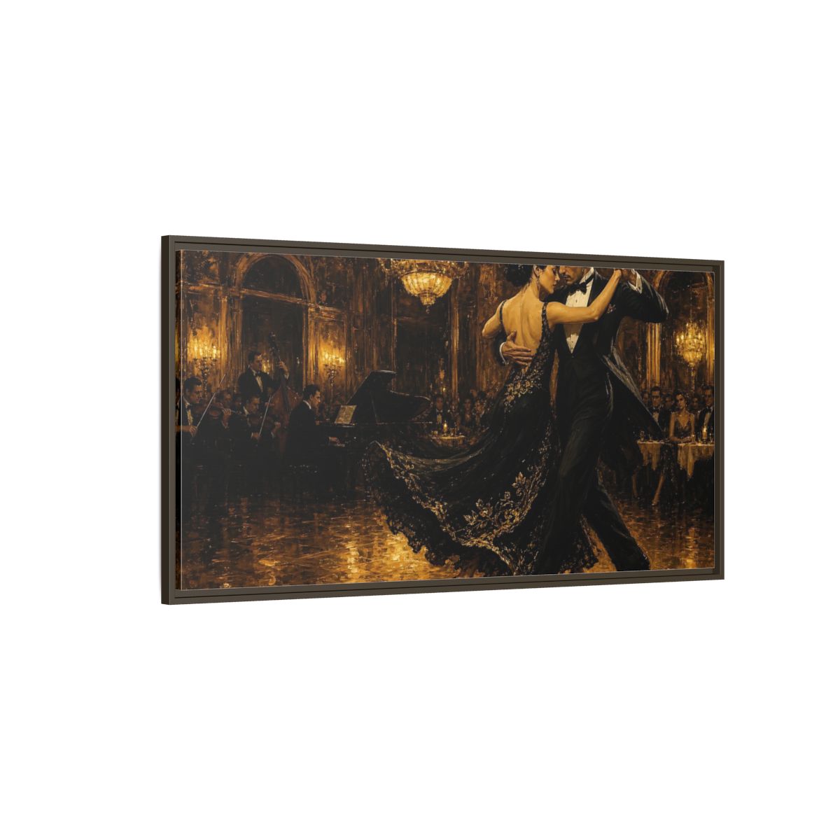 Side Mockup 4. Golden Ballroom Tango shown as framed canvas print