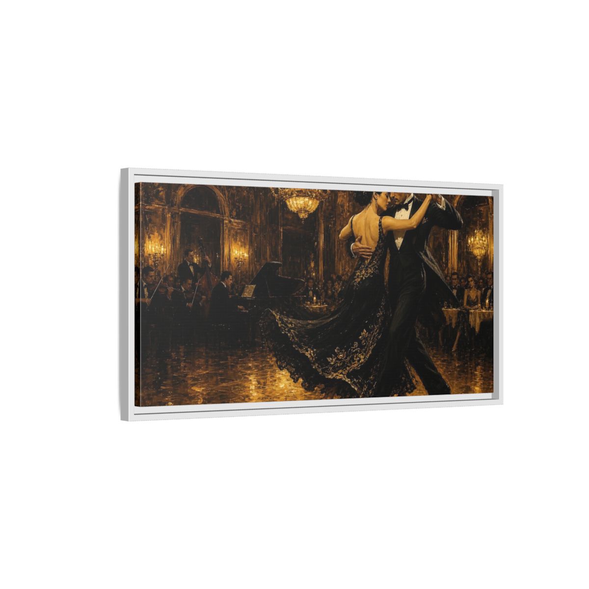 Side Mockup 1. Golden Ballroom Tango shown as framed canvas print