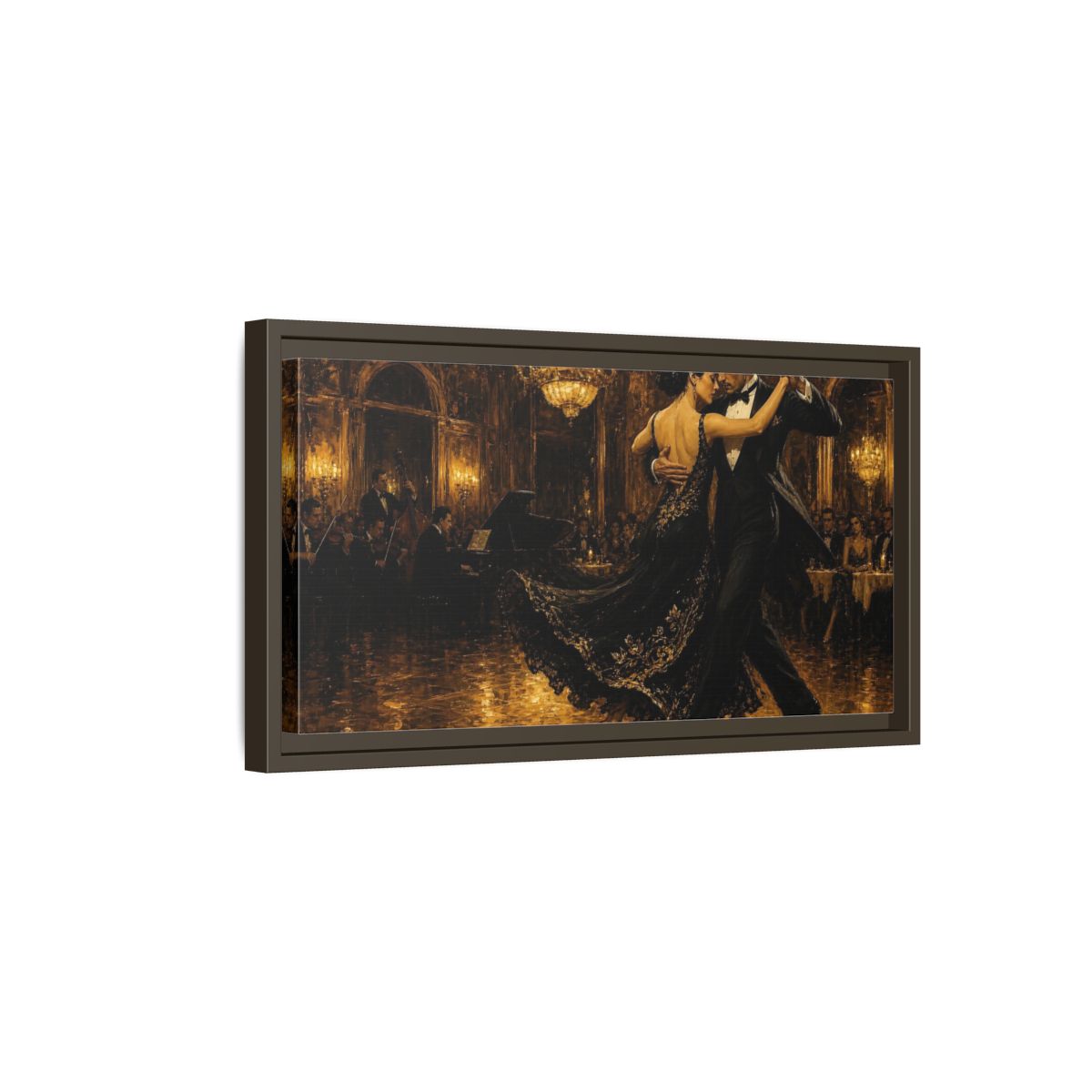 Side Mockup 7. Golden Ballroom Tango shown as framed canvas print