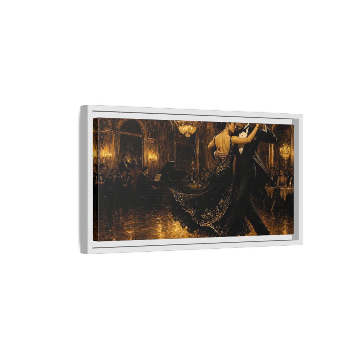 Side Mockup 6. Golden Ballroom Tango shown as framed canvas print