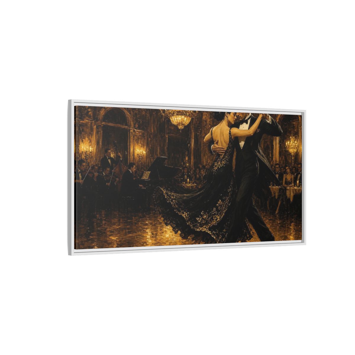 Side Mockup 3. Golden Ballroom Tango shown as framed canvas print