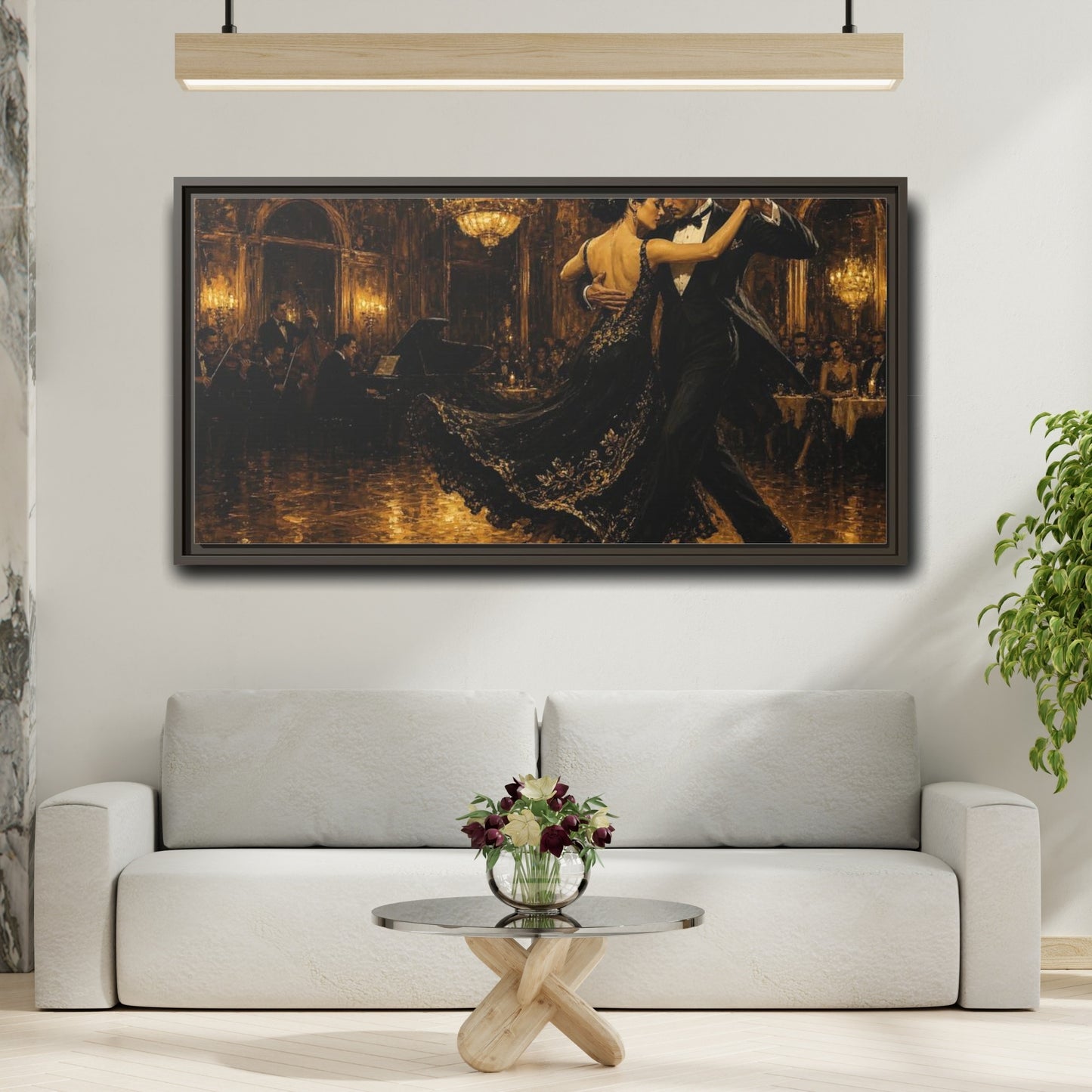 Mockup 2. Golden Ballroom Tango shown as framed canvas print