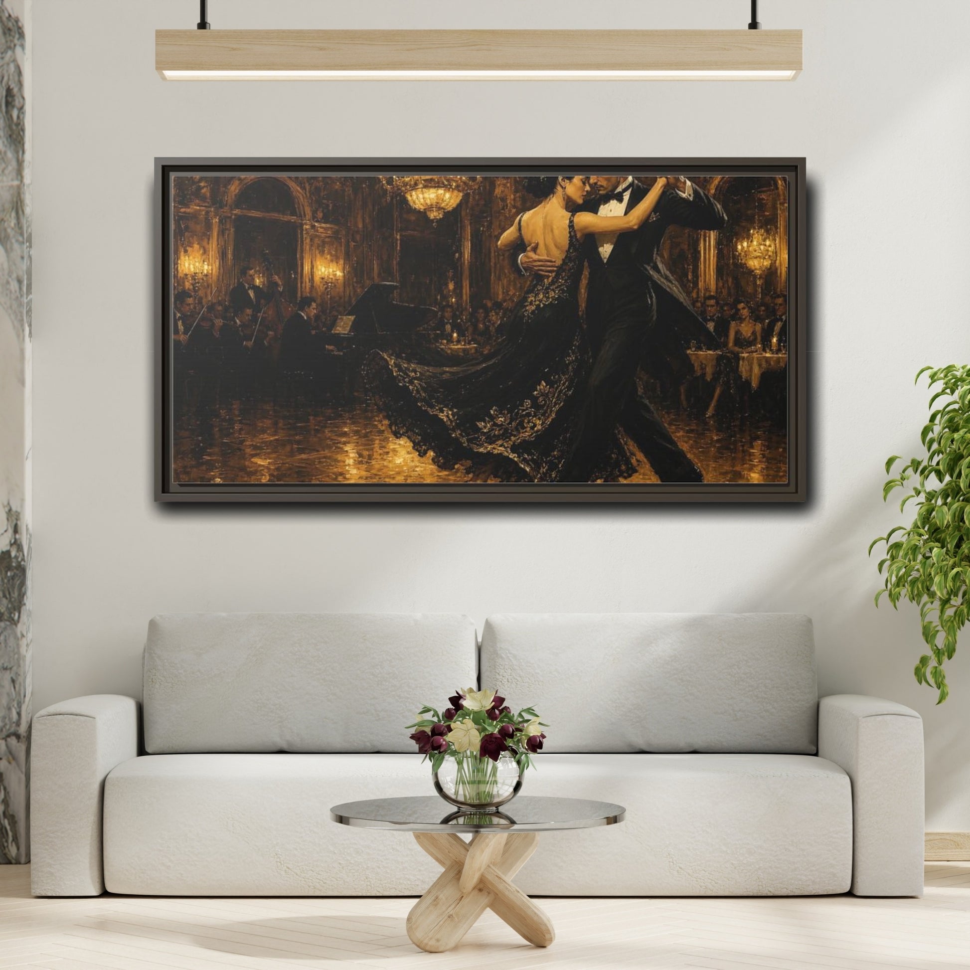 Mockup 2. Golden Ballroom Tango shown as framed canvas print