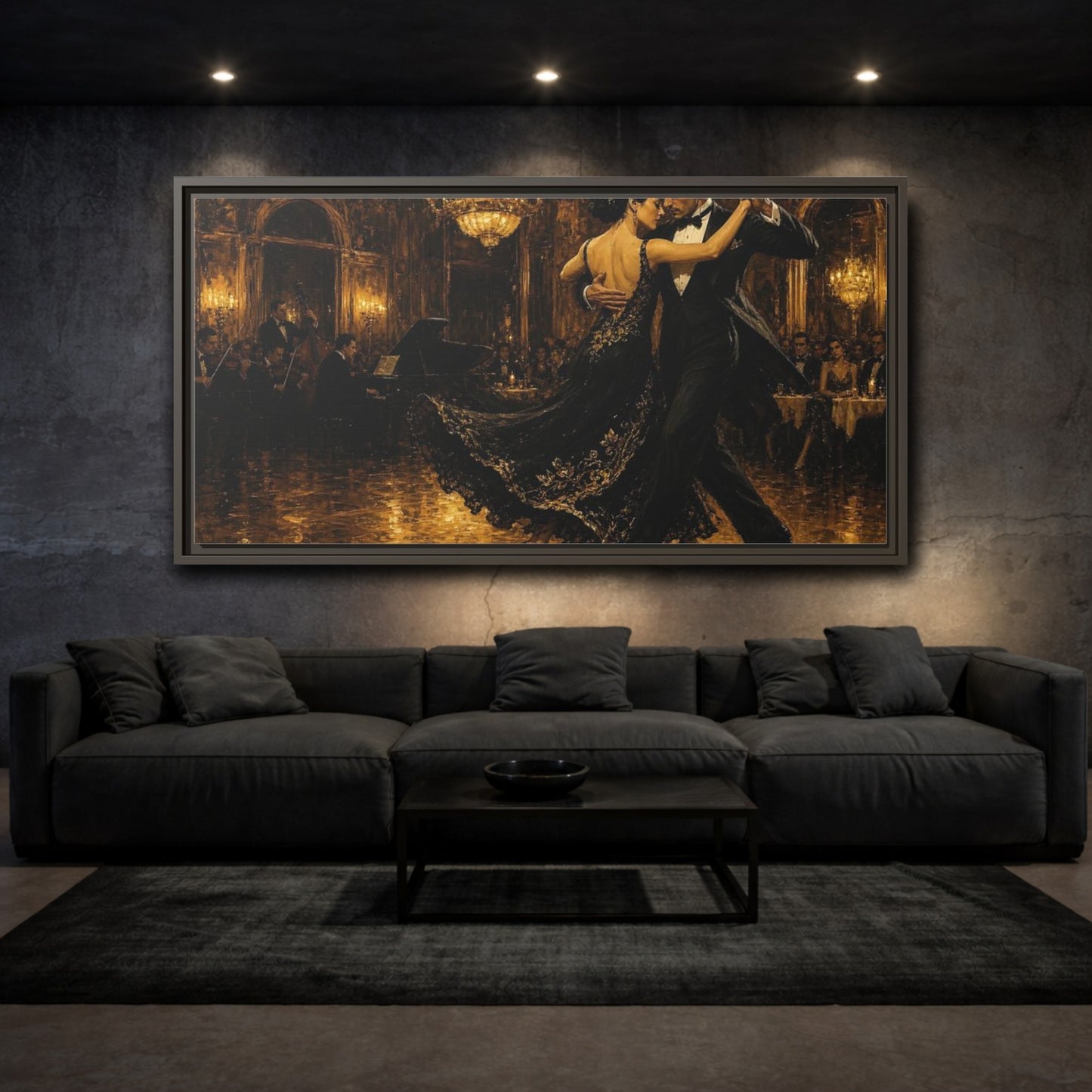Mockup 3. Golden Ballroom Tango shown as framed canvas print