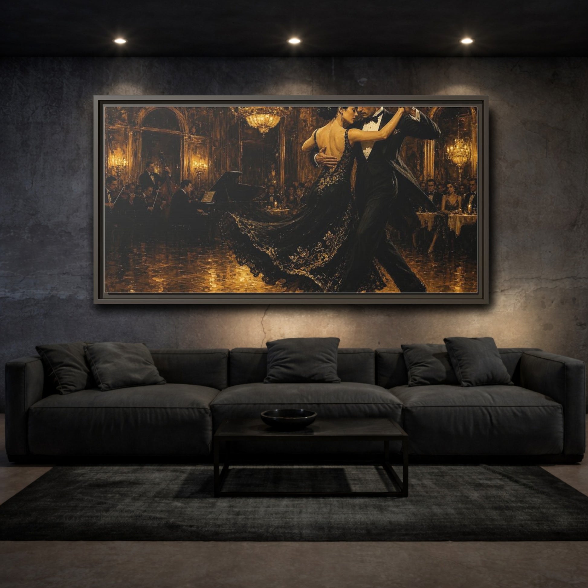 Mockup 3. Golden Ballroom Tango shown as framed canvas print