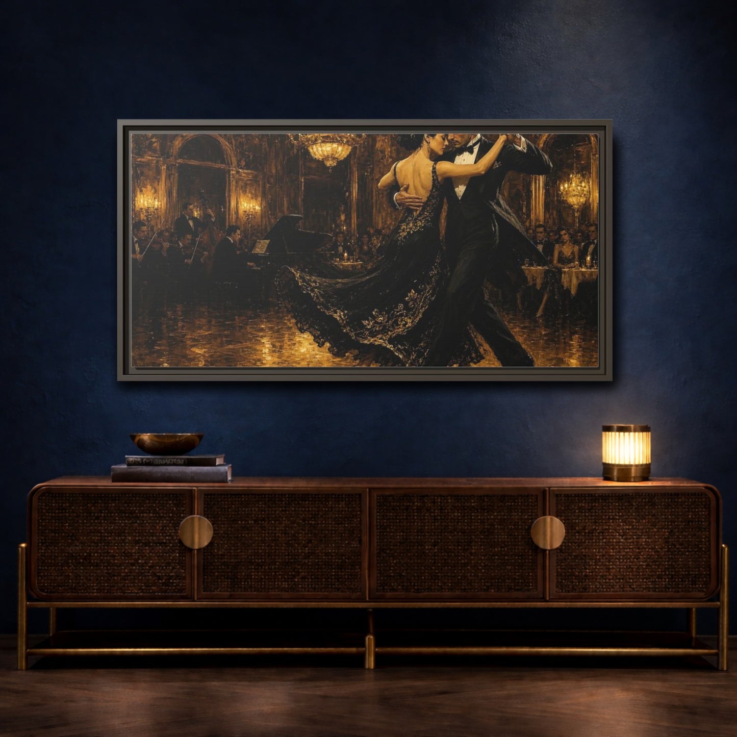 Mockup 4. Golden Ballroom Tango shown as framed canvas print