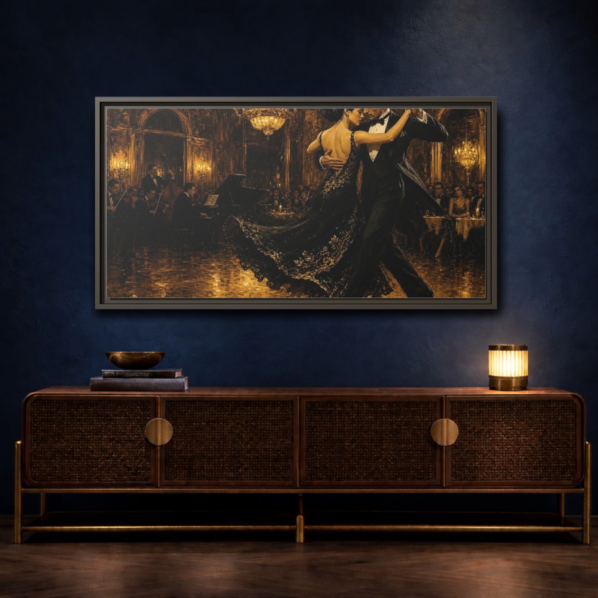 Mockup 4. Golden Ballroom Tango shown as framed canvas print