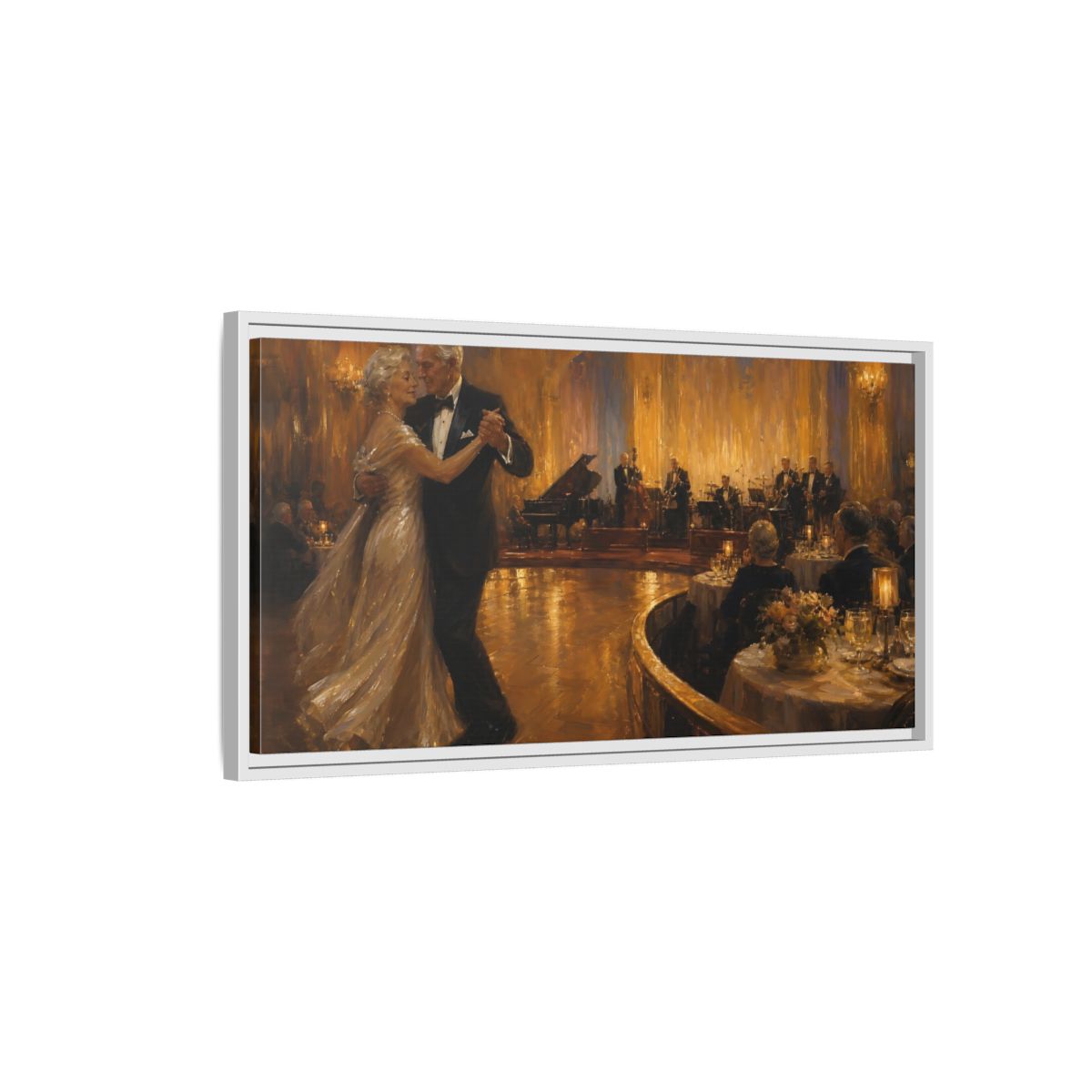 Side Mockup 1. Golden Ballroom Waltz shown as framed canvas print