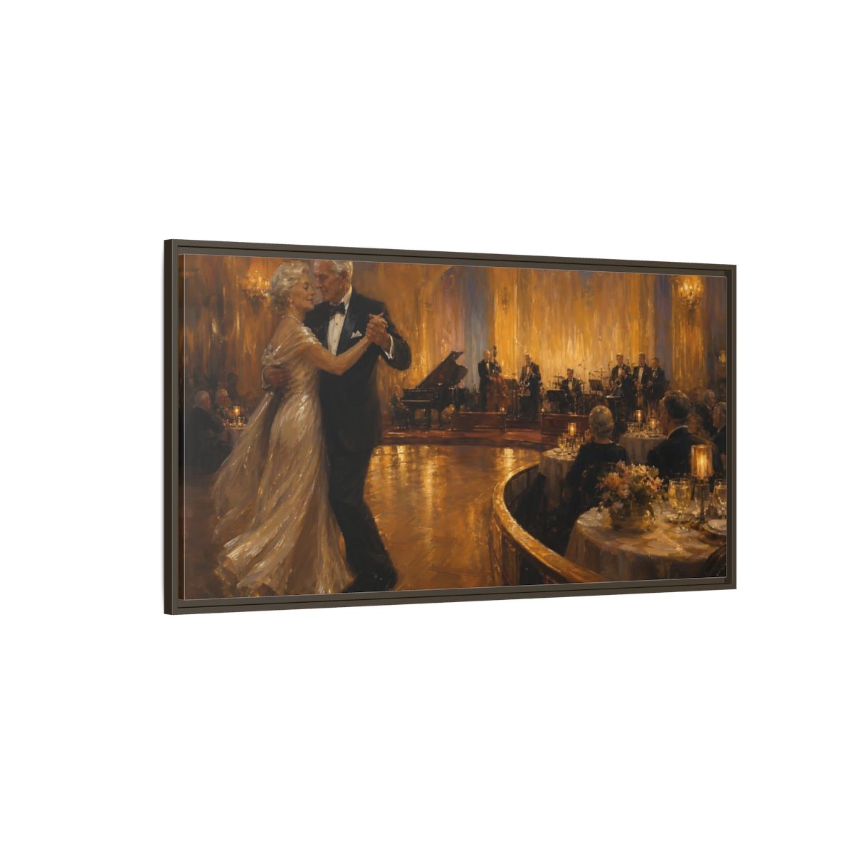 Side Mockup 4. Golden Ballroom Waltz shown as framed canvas print