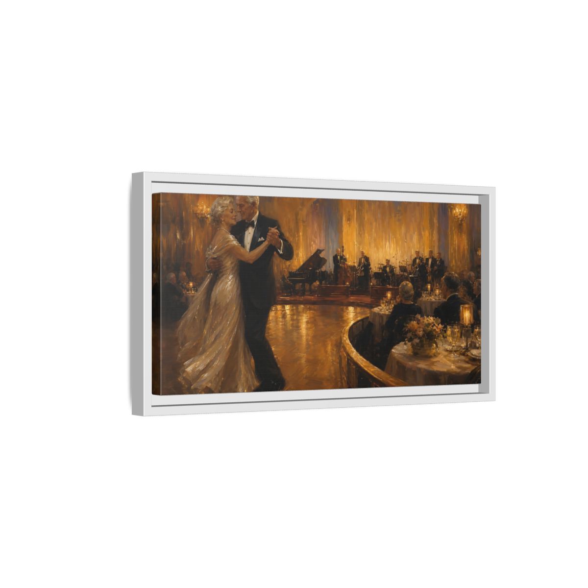 Side Mockup 6. Golden Ballroom Waltz shown as framed canvas print