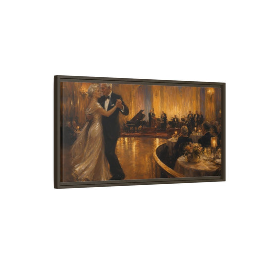 Main Mockup. Golden Ballroom Waltz shown as framed canvas print